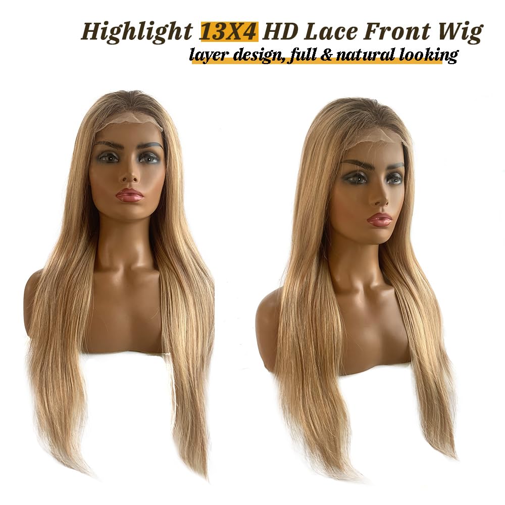 Highlight Lace Closure Wigs Human Hair Glueless Honey Blonde 13X4 Ombre Lace Front Wig 150% Density Soft Straight Brazilian Vigi