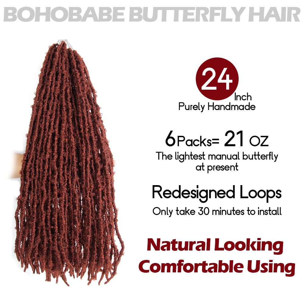 24 Inch Light Weight Butterfly Locs Crochet Hair 6 Packs Long Ginger Distressed Butterfly Faux Locs Crochet Hair, 350#