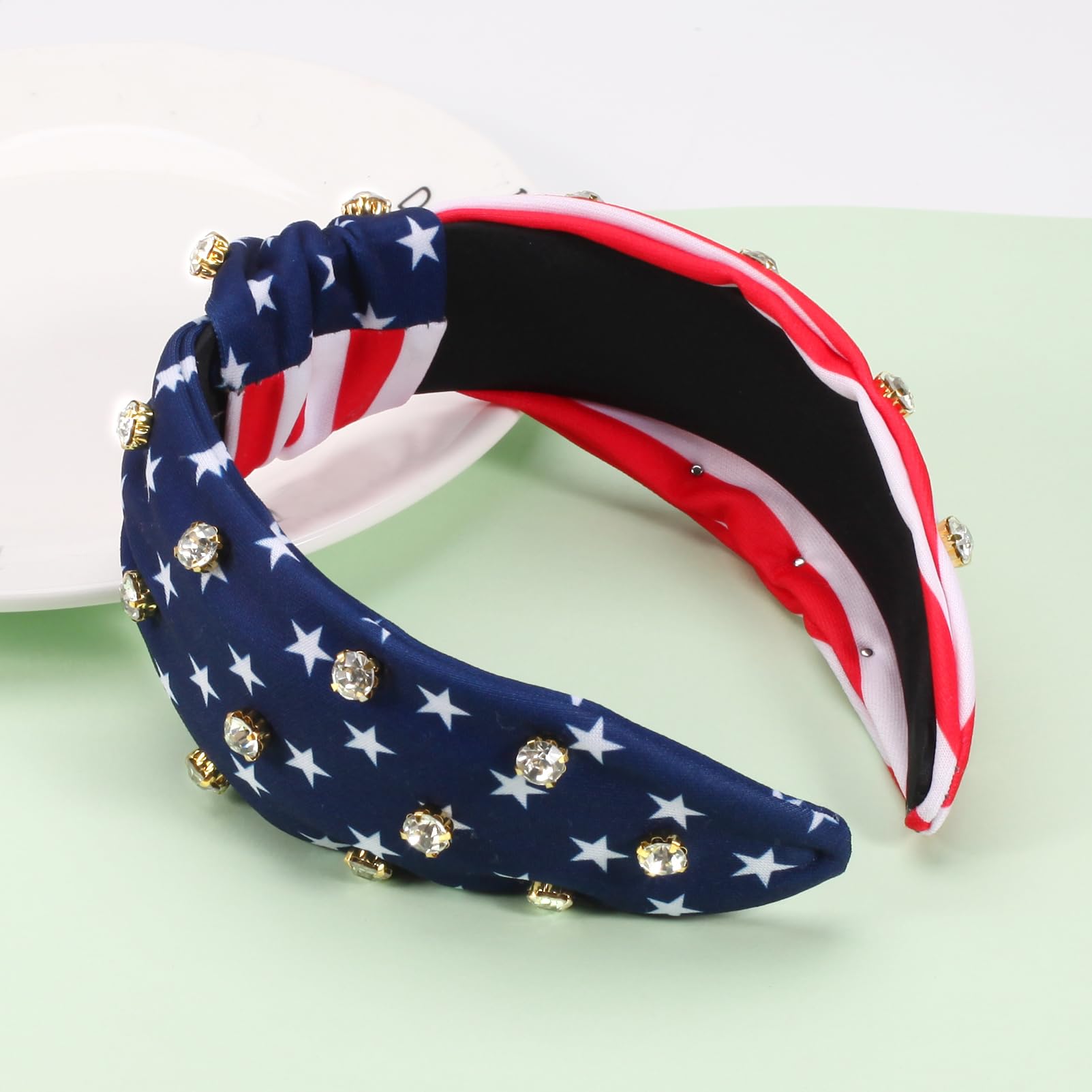 4 th of July Headbands for Women Girls American Flag Wide Knottted Headband USA Red White and Blue Rhinestone Patriotic Headband