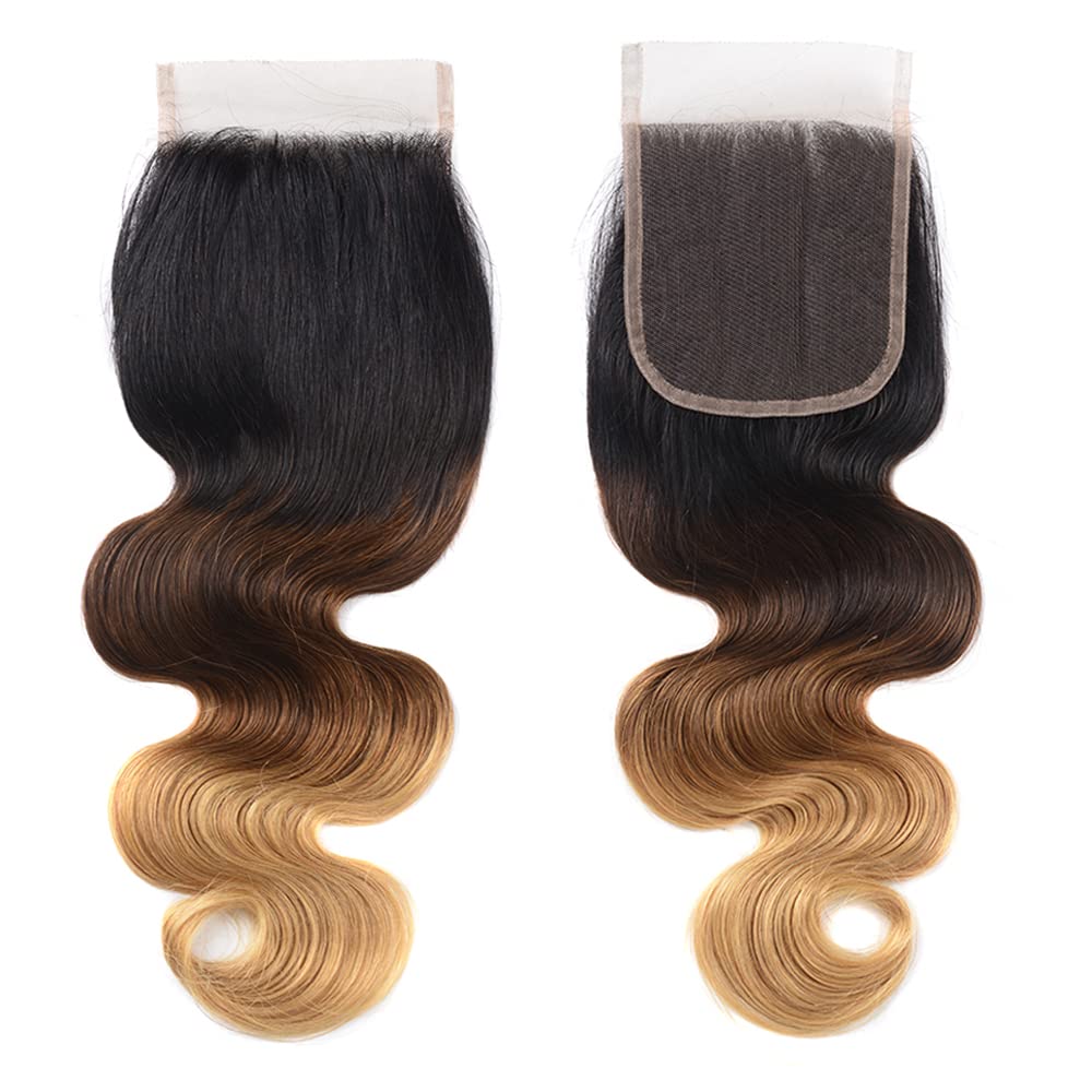 Ombre Closure Only Body Wave Human Hair Closure Ombre Black To Brown To Honey Blonde Hair Preplucked Bleached Knots Raw Remy Hum