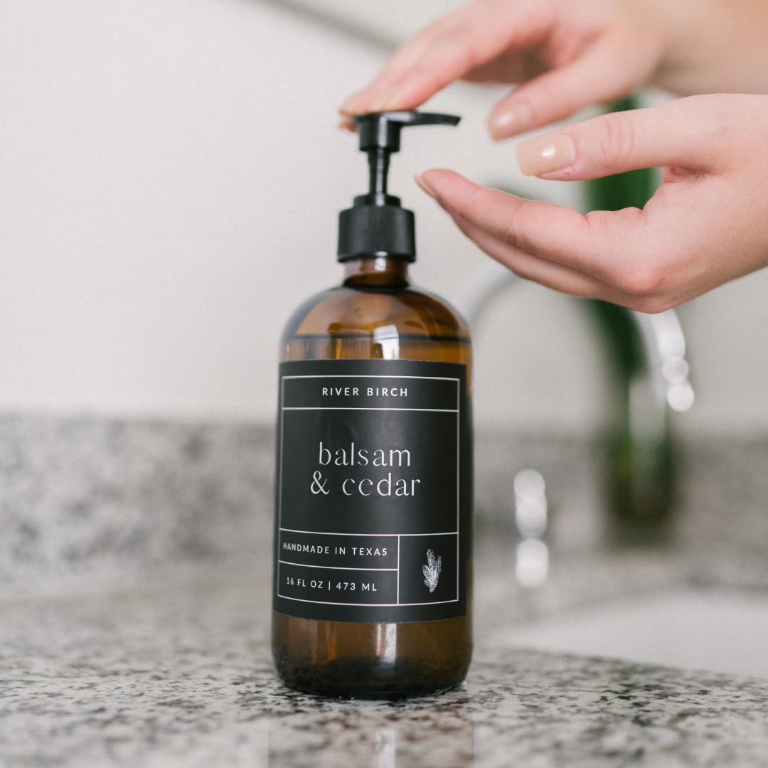 River Birch Balsam & Cedar Scented Natural Hand Soap -Handmade Hand Soap -Moisturizing Hand Wash With Amber Glass Dispenser - Lu