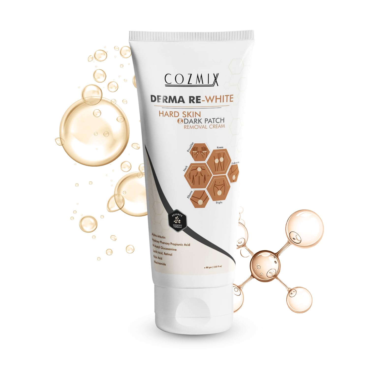 Cozmix Derma Re-White Pigmentation Cream 80Gm | 2.5% Lactic Acid, 2% Urea, Retinol & Kojic Acid | Reduces Tan, Pigmentation & Ev