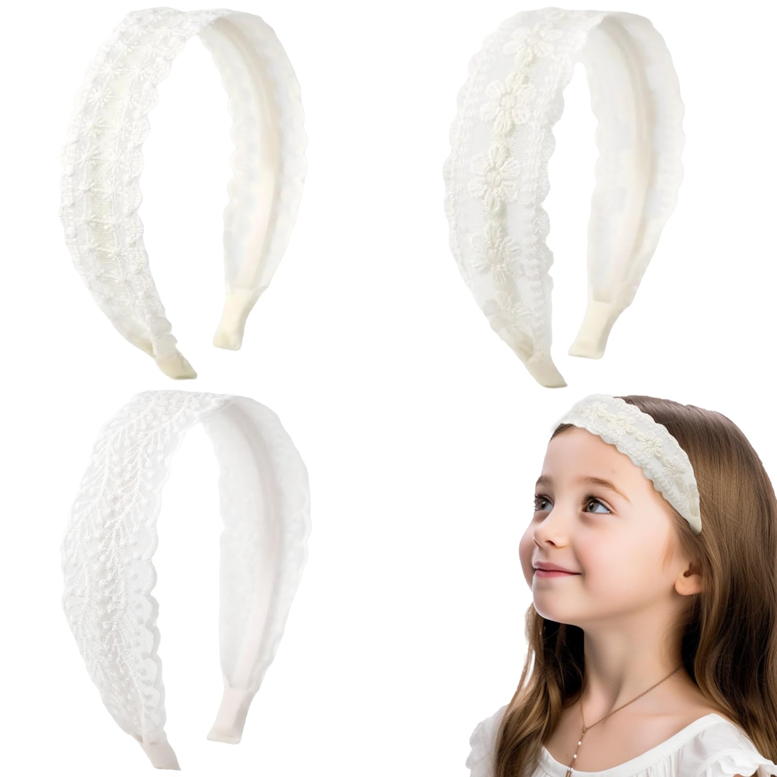 Thinslimer 3 Pack White Headband Lace Band for Women and Girls Vintage Lace Headband Hair accessories for Women Boho Wide Head B