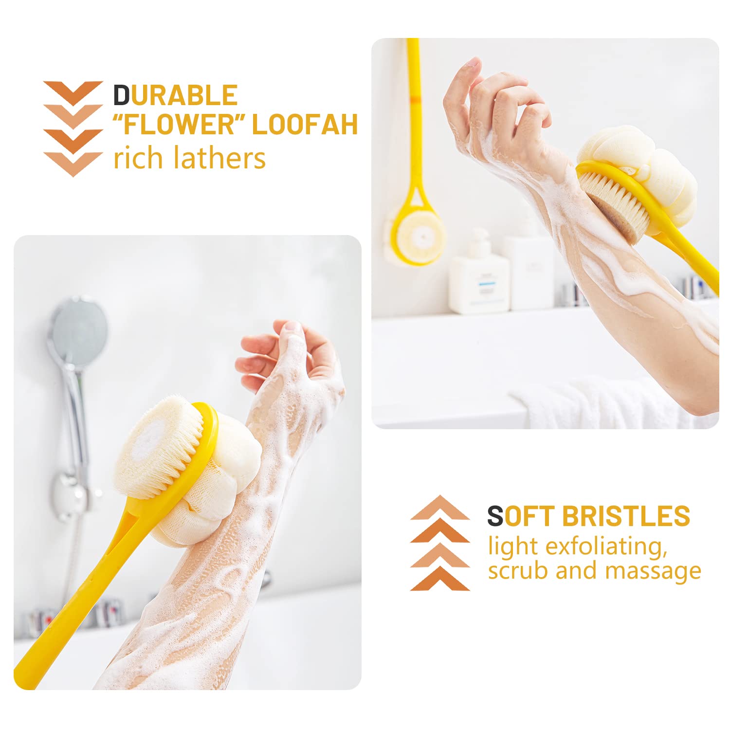 Shower Body Brush,Soft Bristles And Beautiful Pumpkin Loofah 14'' Long Handle Back Scrubber Bath Mesh Sponge For Skin Exfoliatin