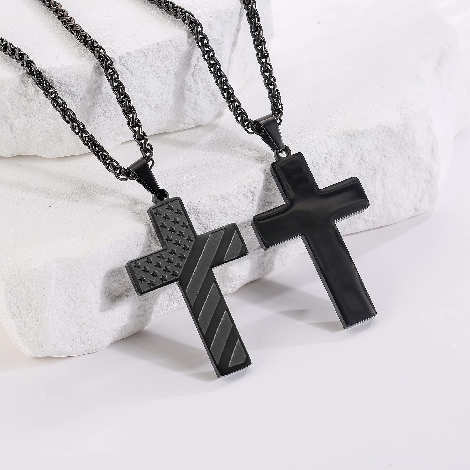 DuoDiner Black Cross Necklace for Boys Men Pendant Chain Stainless Steel American Flag Religious Jewelry Gift