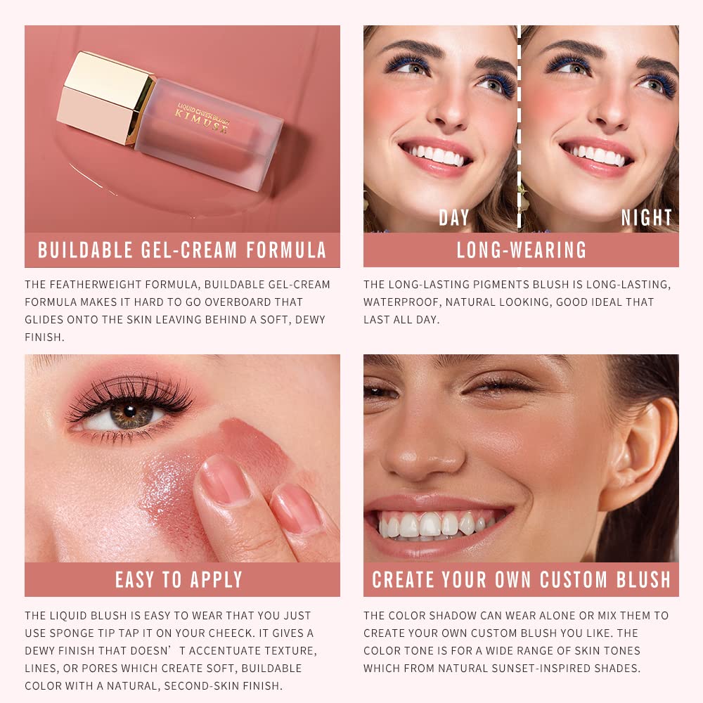 KIMUSE Liquid Blush, Soft Cream Blush Face Blush, Liquid Blush for Cheeks, Long-Wearing Pigmented Blush, Waterproof, Smudge Proo