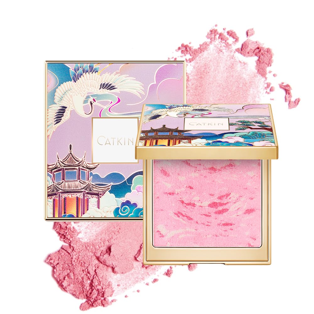 CATKIN Powder Blush for Cheek Blusher Natural Shimmering Blush & Highlight 2 in 1 Creamy Blendable Baked Blush Palette 10g C01 D