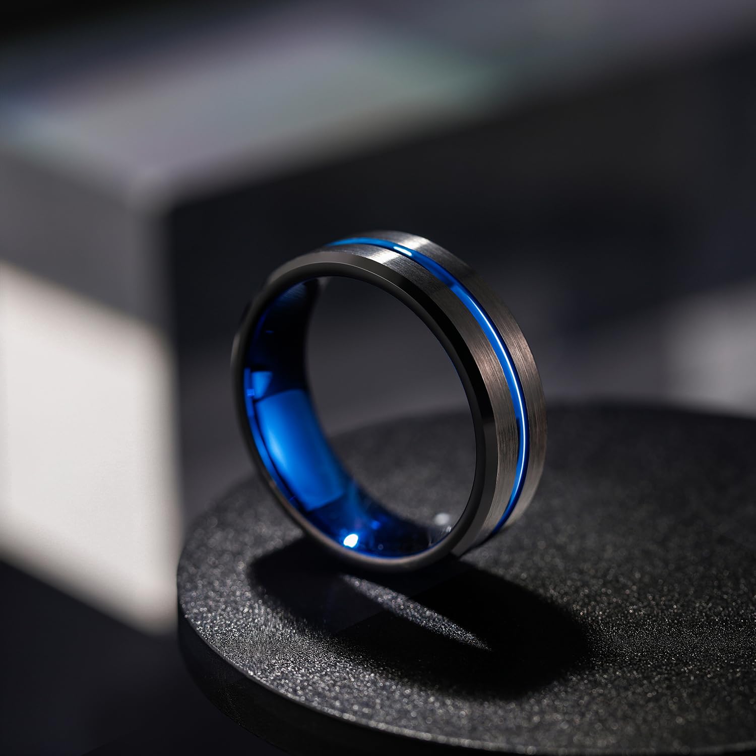 Greenpod 8mm Mens Black Tungsten Ring with Thin Blue Groove Beveled Edge Comfort Fit Size 14