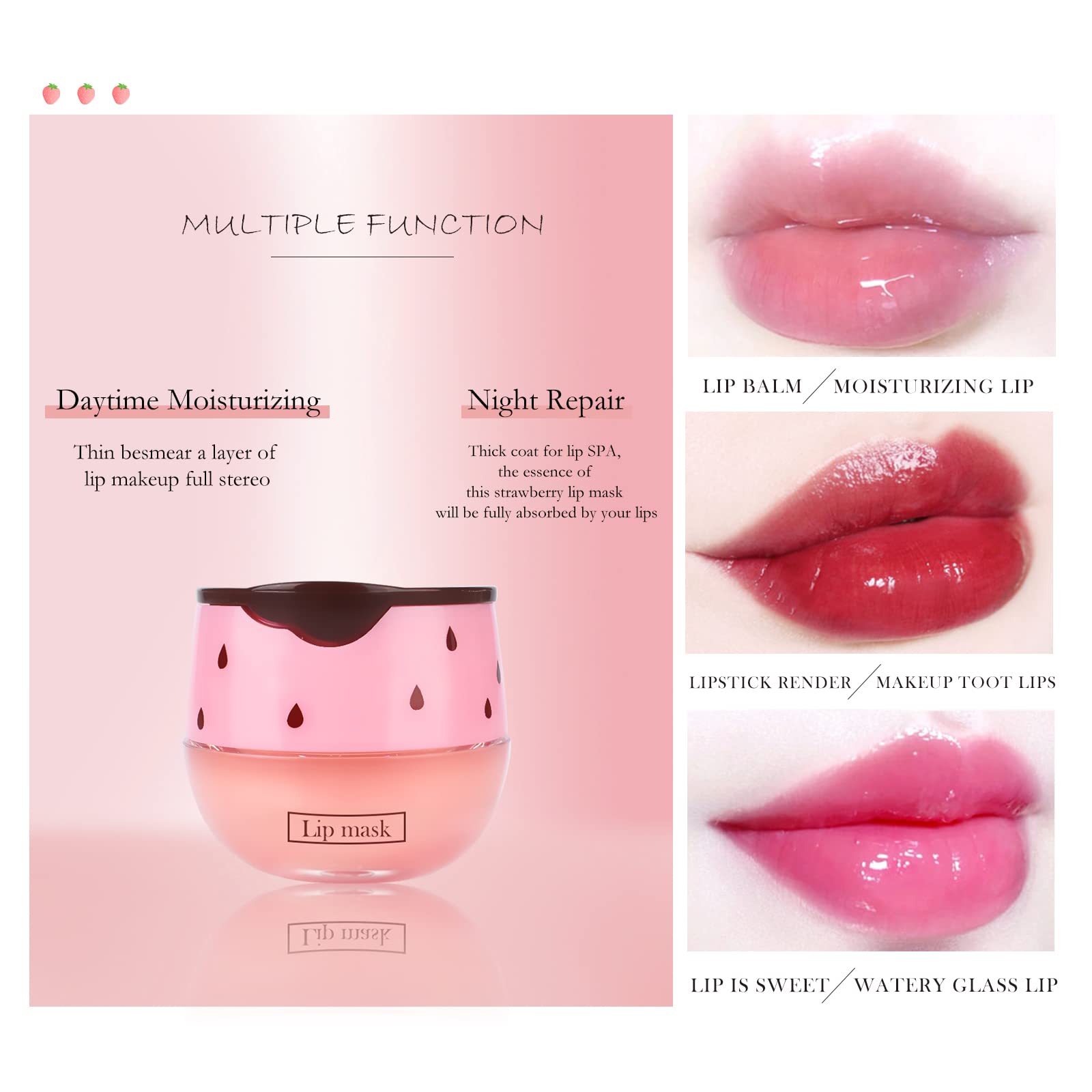 Freeorr 2Pcs Strawberry Lip Sleeping Mask,Bee Lip Balm Honey Pot, Bee Lip Honey Pot With Wand Nourishes Lips, Overnight Strawber