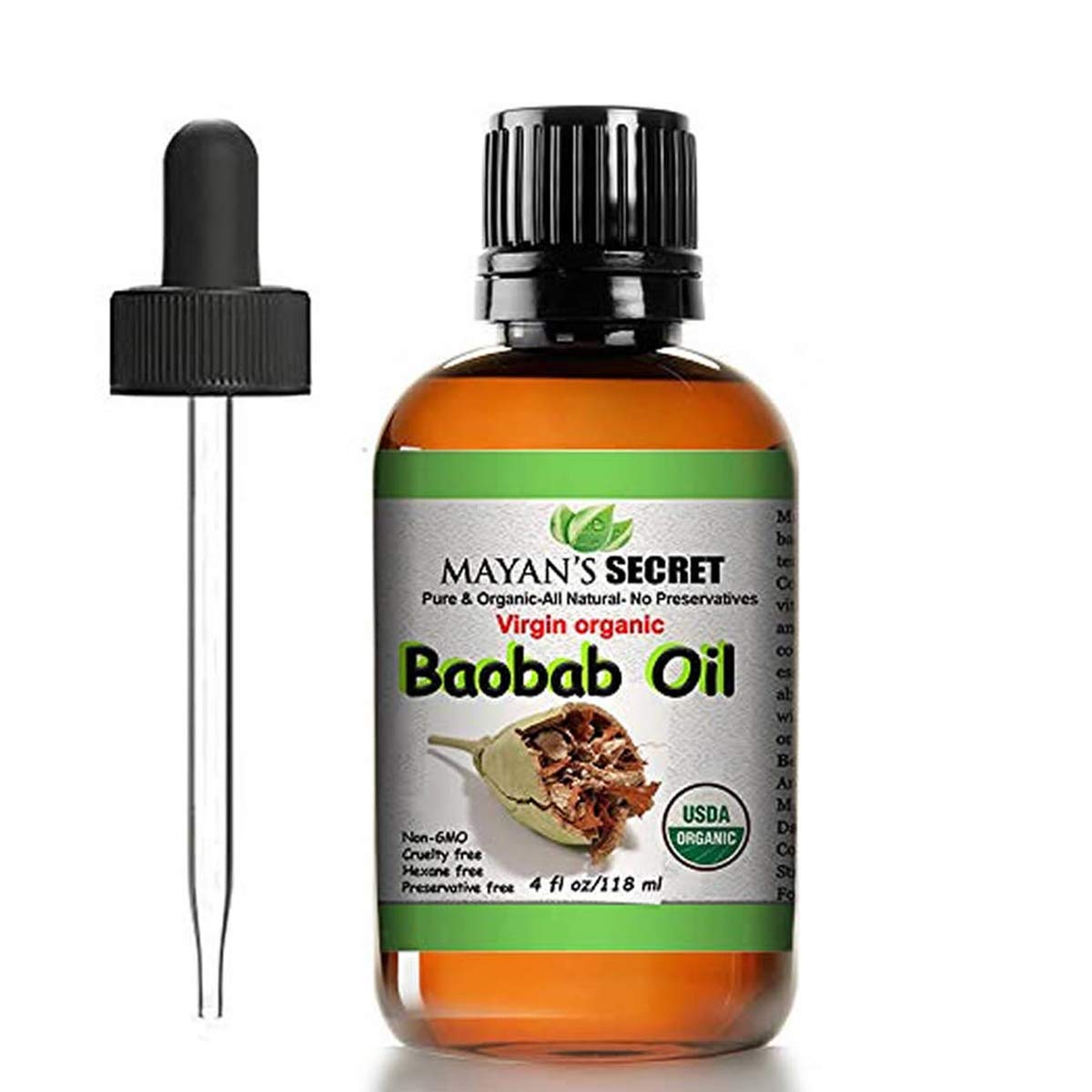 Mayan's Secret - 4oz Organic Baobab Oil for Hair - Non-GMO and Vegan-Friendly Oil for Daily Use Dark Glass Bottle Cold Pressed a