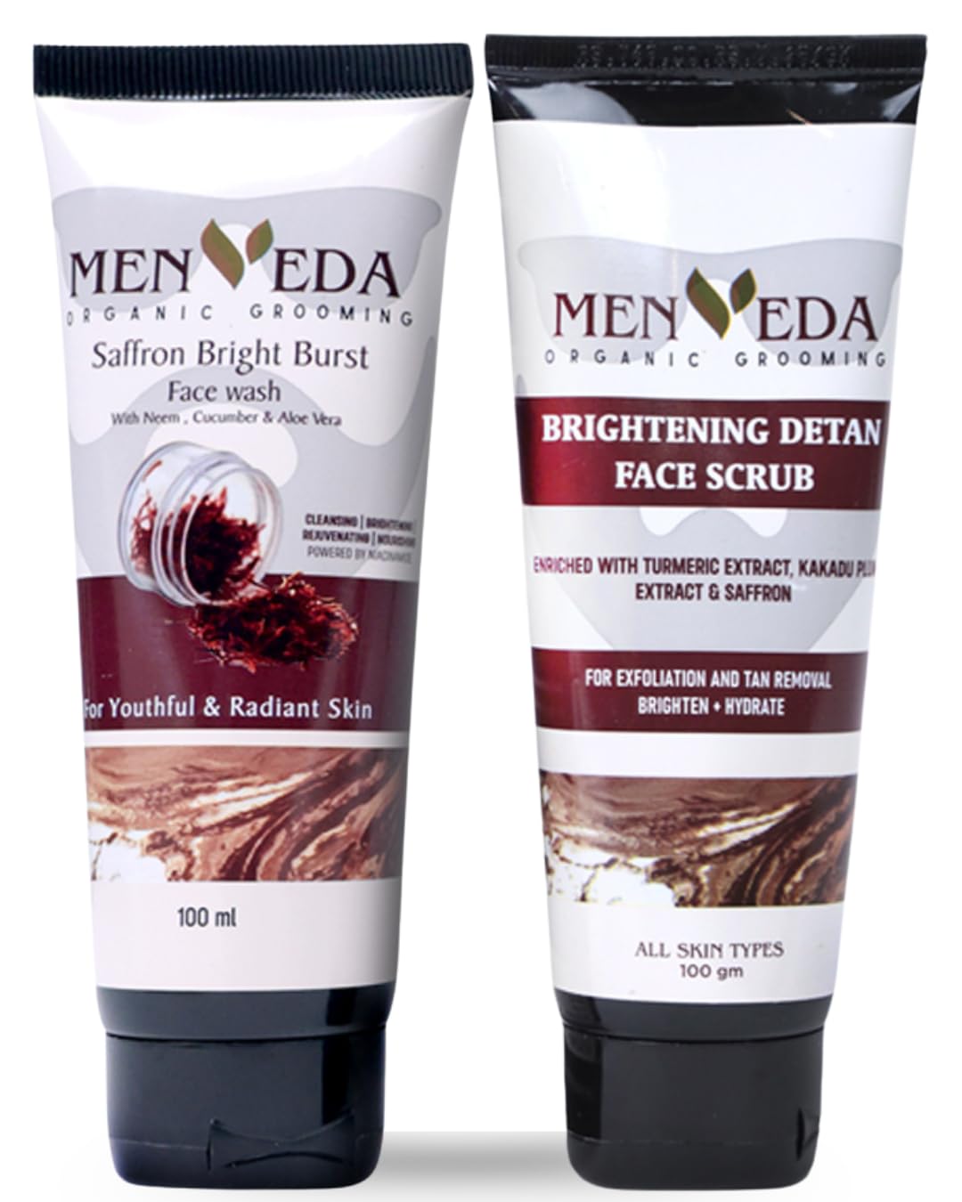 Menveda Saffron Bright Burst Face Wash & Brightening Detan Scrub Combo For Men 100Ml, Each (Pack Of 2) | For Nourished & Glowing