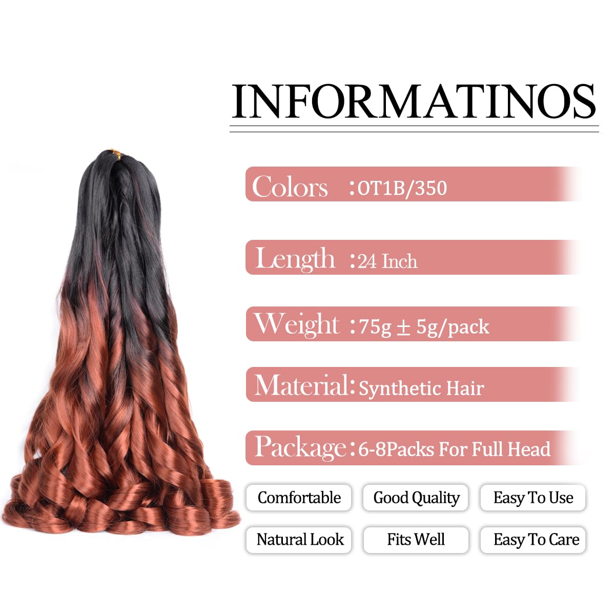 French Curls Braiding Hair 24 Inch Curly Braiding Hair 8 Pack 75G/Pack Loose Wavy Spiral Curl Braids Hair Extension Pre Stretche