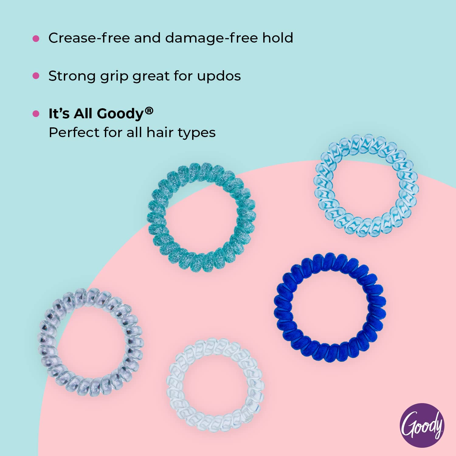 Goody Dentless Spiral Hair Ties, Hair Coils - 5 Ct, Cool Tones, Phone Cord Hair Ties, Secure Hold Jelly Bands for All Occasions,