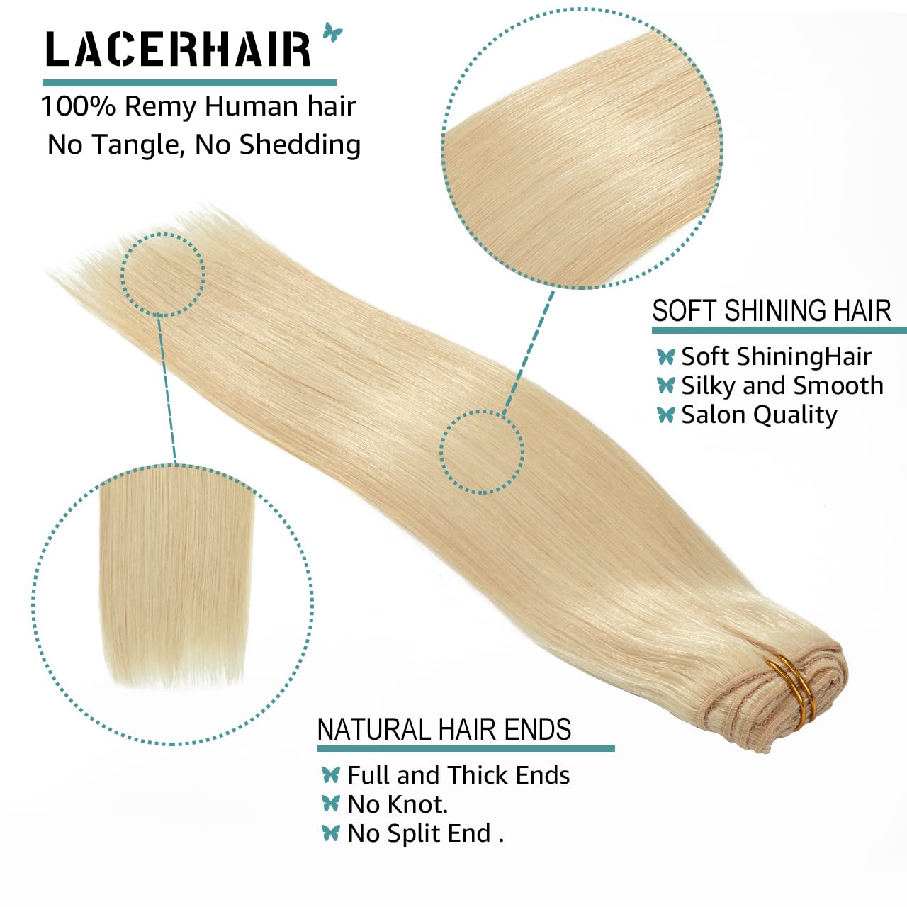 Lacer 22 Inch Full Head Silky Straight 100% Human Hair Clip In Extensions Light Platinum Blond #60A 7Pieces 140G Double Weft Ext