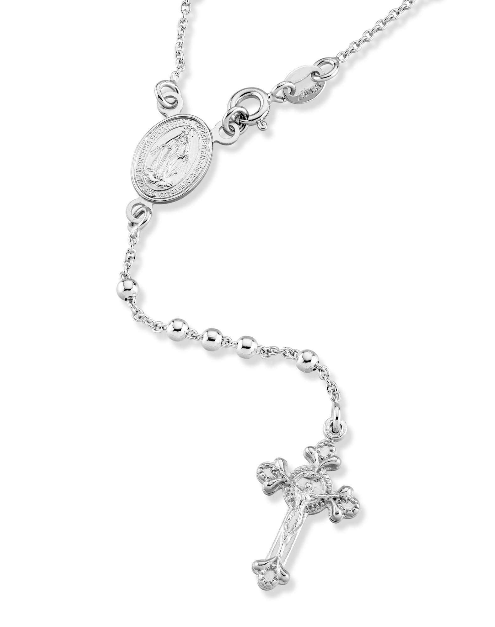 Miabella Italian 925 Sterling Silver or 18K Gold Plated Rosary Bead Cross Y Necklace Chain for Women (sterliing silver, Length 2