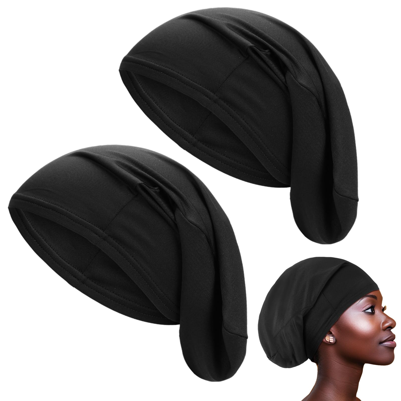 Twistover 2 Pcs Jumbo Dreadlock Cap Hair Dreads Head Wrap Loc Wraps for Dreads Hair Accessories for Men Women Sleeping (Black,Bl