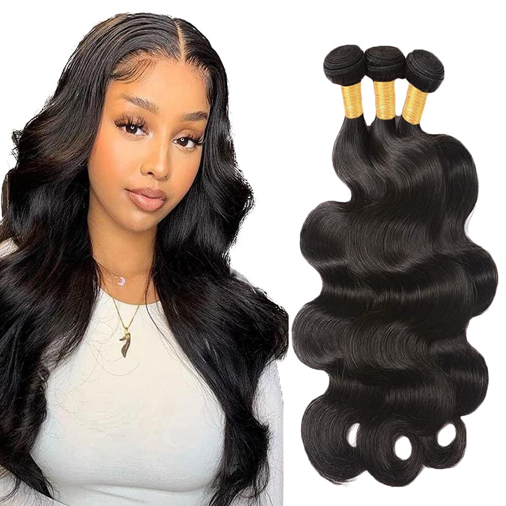 14 16 18 Inch Body Wave Bundles Human Hair 3 Bundles Brazilian Remy Hair 50 Grams/Bundle Unprocessed Virgin Hair #1B Natural Bla