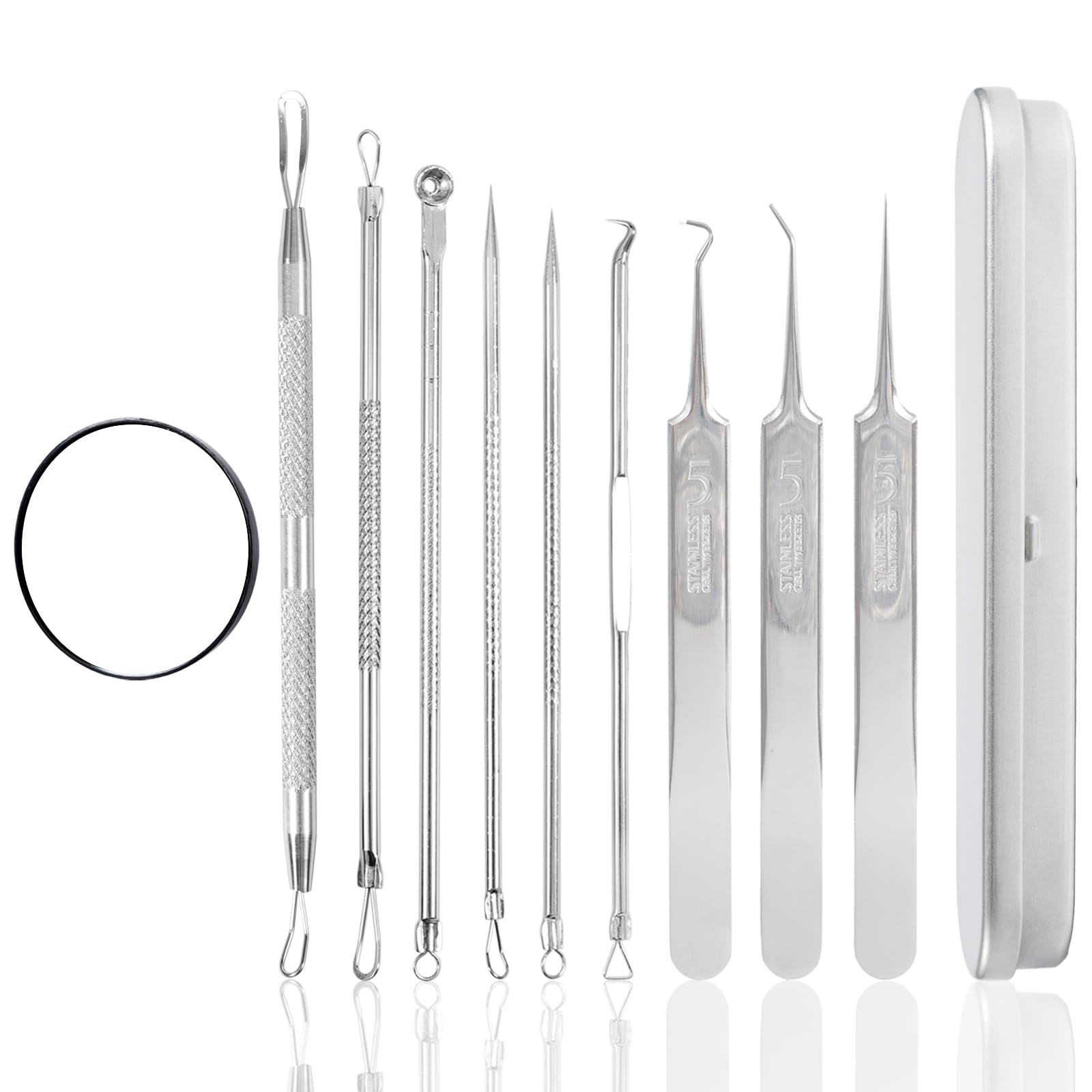 XEAOHESY 9 Pieces Stainless Steel Acne Needle Blackhead Removal Acne Cleaning Tweezers Pimple Popper Tool Kit with a Iron Box Co