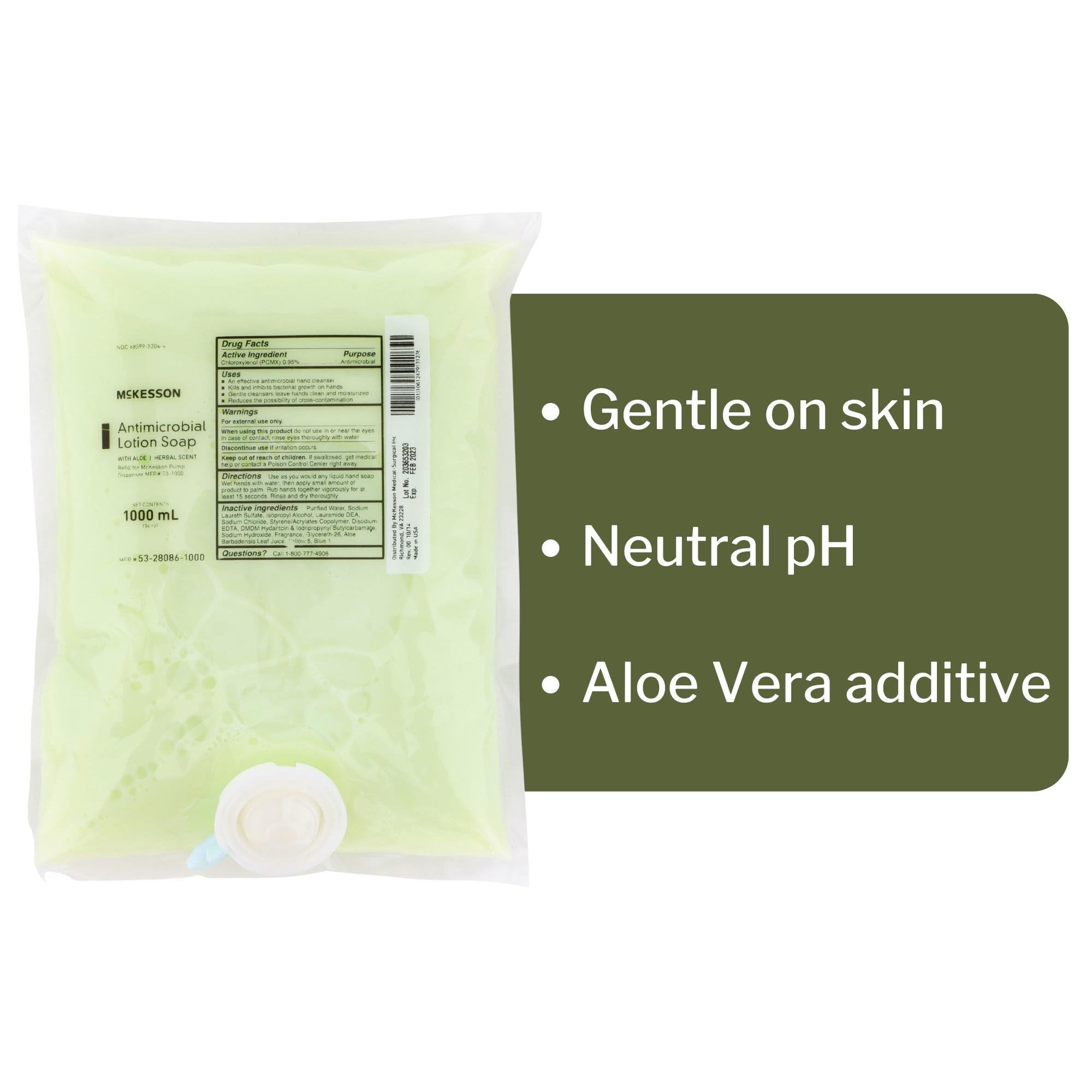Mckesson Antimicrobial Lotion Hand Soap with Aloe, 1000 mL Refill Bag [Pack of 10 Bags] - Bulk, Herbal Scent, Keeps Hands Clean