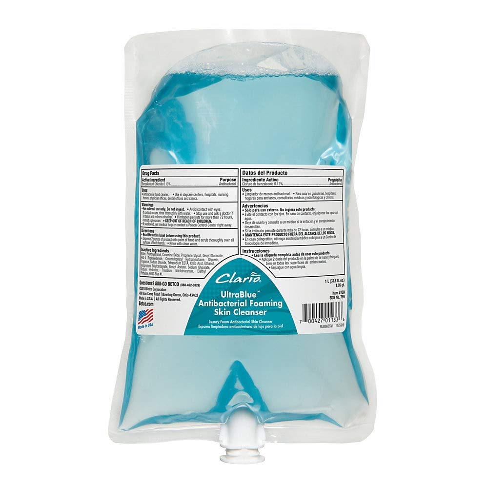 Betco Clario Ultrablue Foaming Skin Cleanser, Clean Ocean Scent, 1,000 mL, Case Of 6