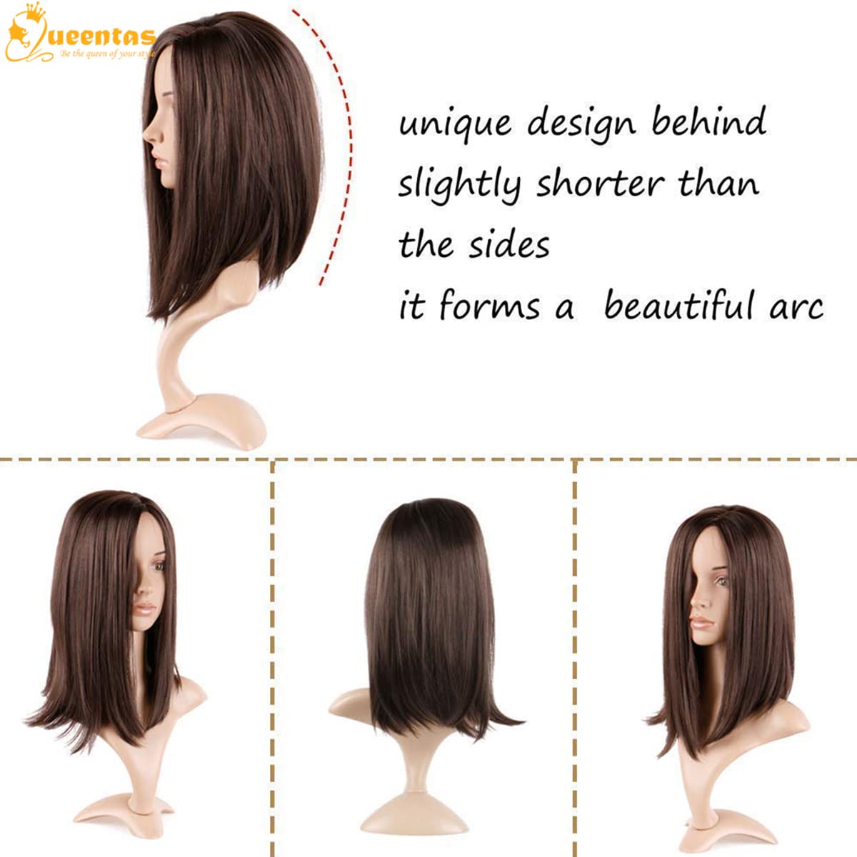 QUEENTAS Short Brown Bob Wig Shoulder Length Straight Bob Synthetic Hair Wigs for White Women with Middle Part Bangs Daily Use (