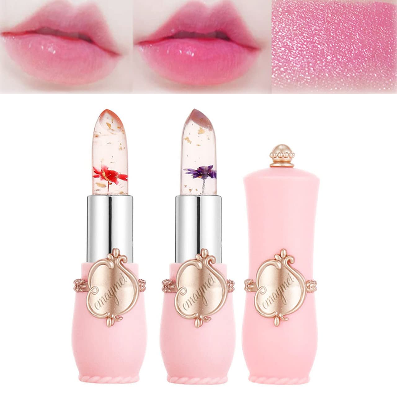 Paminify 2pcs Jelly Clear Crystal Flower Magic Lipstick Color Changing Tinted Lip Balm Nourishing Moisturizing Lip Stick labial 