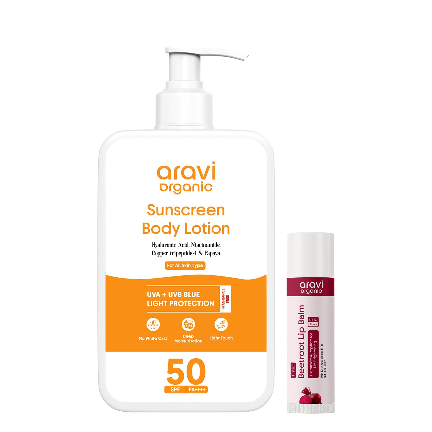 Aravi Organic Sun & Lip Care Combo  OilFree Sunscreen Body Lotion Spf 50 Pa+++ (200Ml) + Beetroot Tinted Lip Balm Spf 50 Pa+++