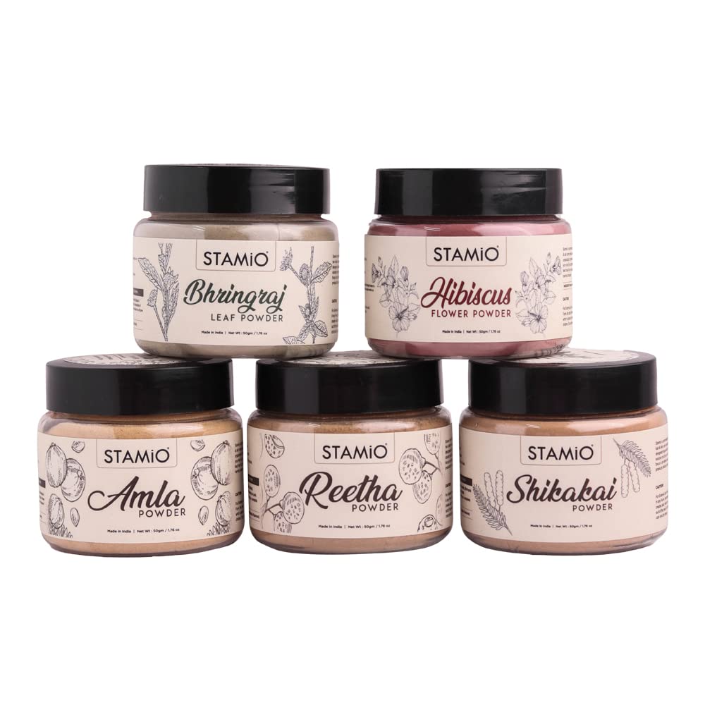 Stamio Hair Care 5 Products Combo 250 Gm  Amla Reetha Shikakai Bhringraj Hibiscus Powder For Pack, Wash, Mask, Shampoo, Dandruf