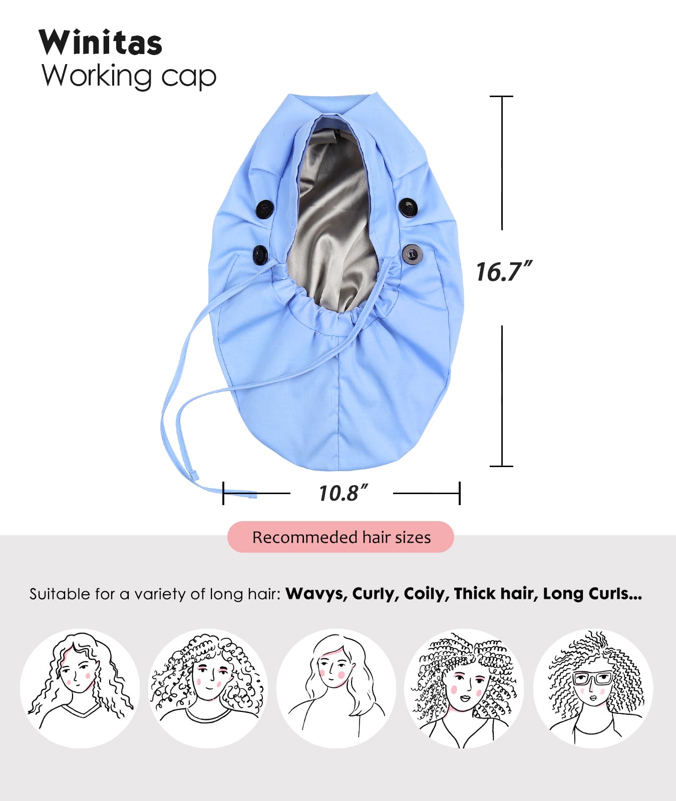 XL Work Bonnet for Long Braids Silk Satin Lined Ceil Blue