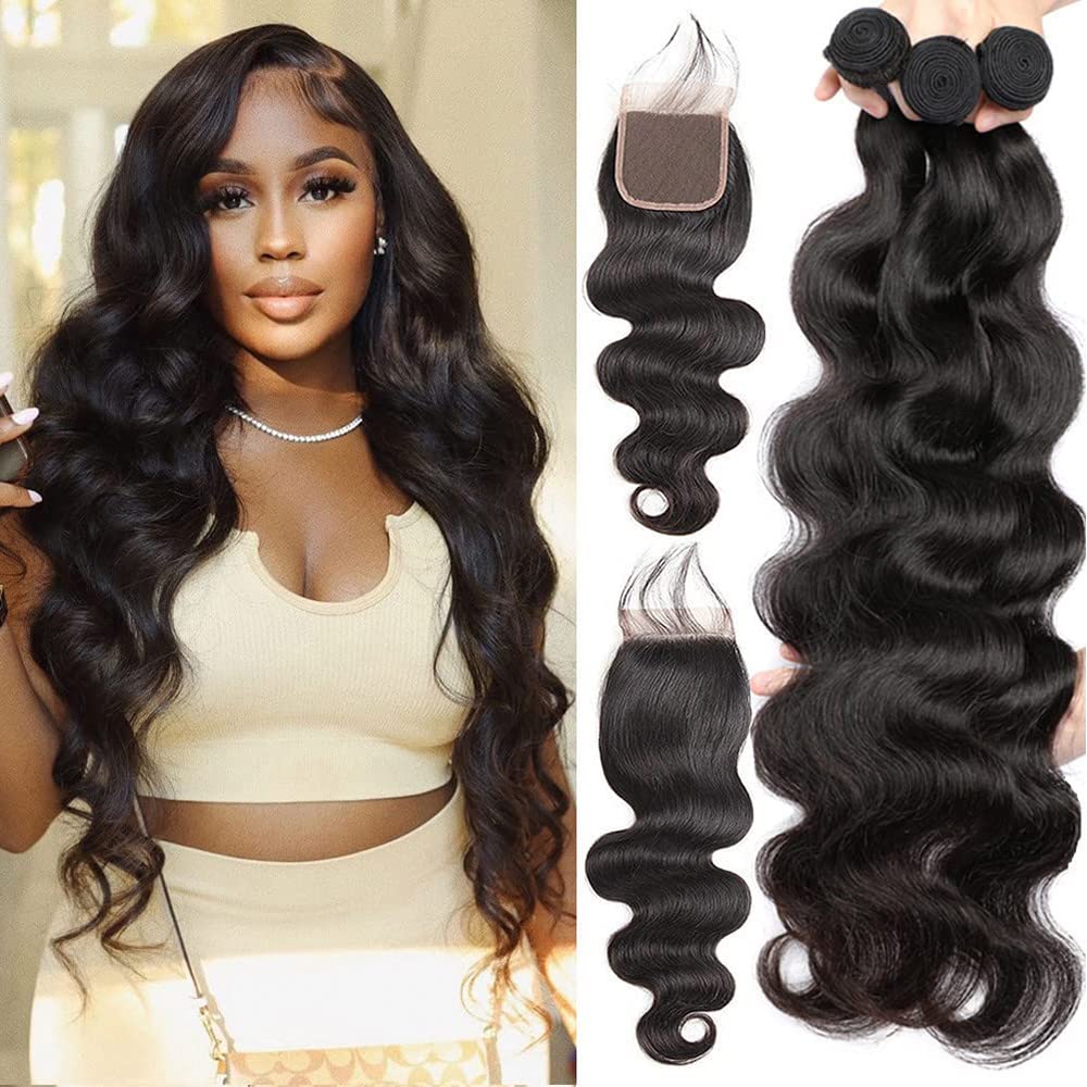 Ralisa Body Wave Bundles with Middle Part Closure Transparent Closure with Bundles (26 28 30+22 in) HD Lace Frontal Bundles and 