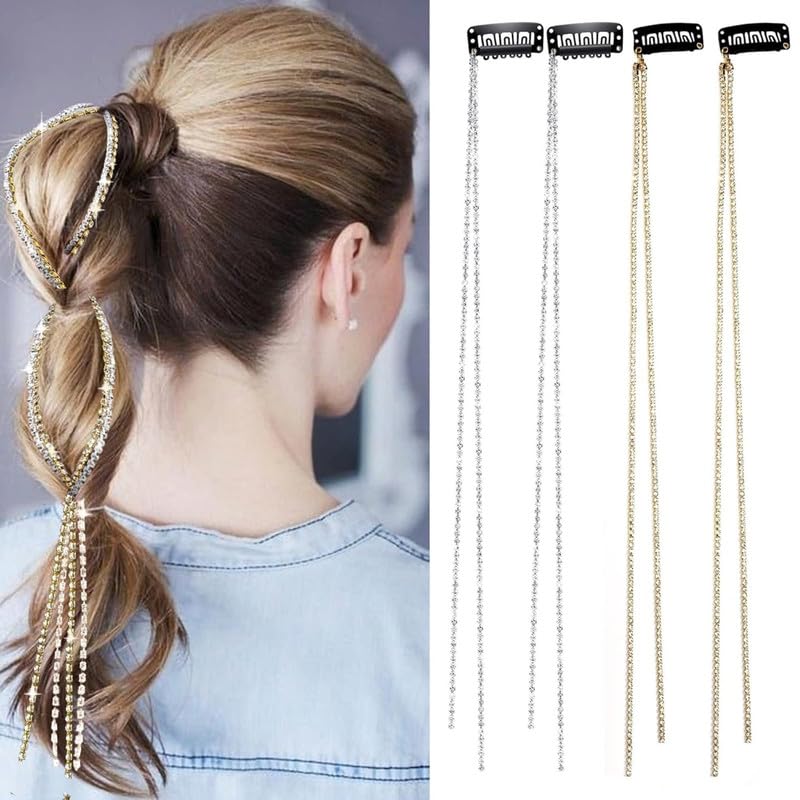 Fameza 4 Pcs Sparkle Hair Chain For Girls, Rhinestone Hair Clips For Braiding, Silver And Gold Hair Extensions For Decoration, 4