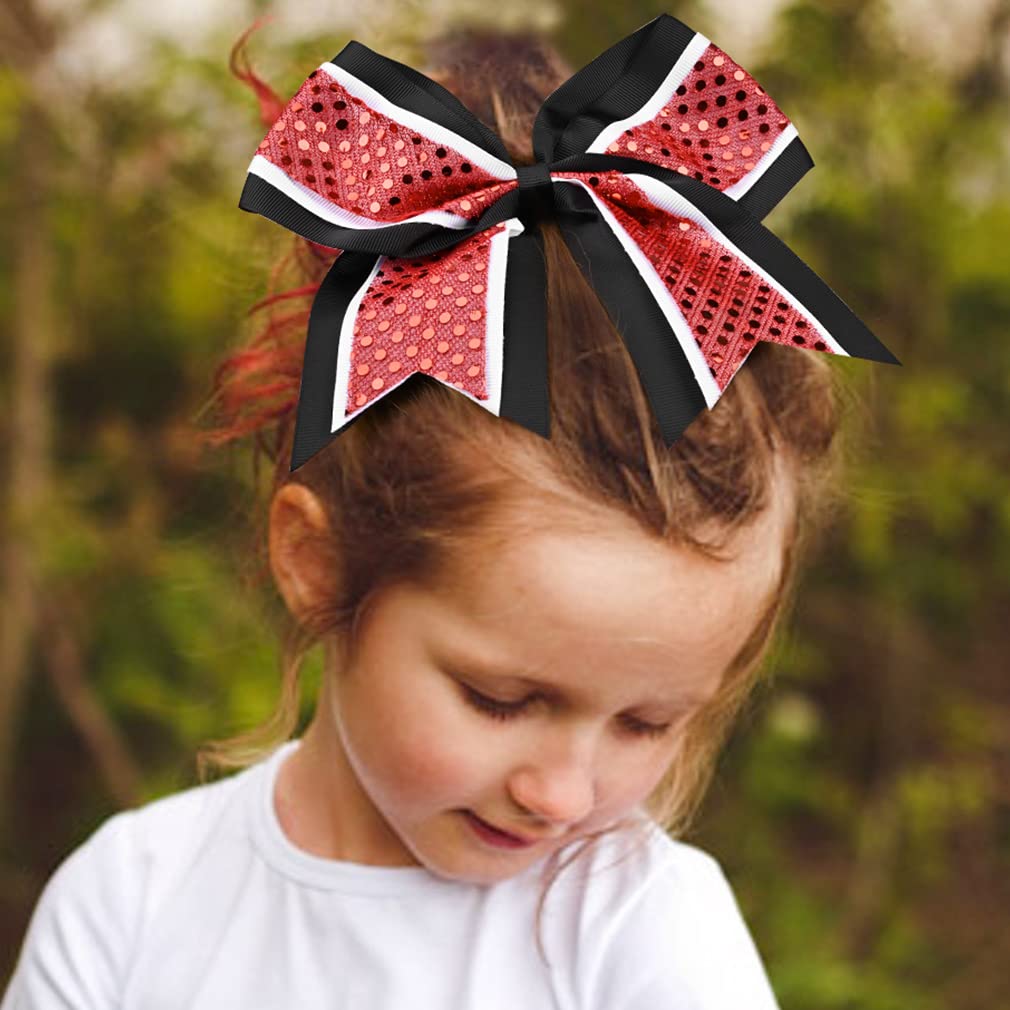 12 Pcs 8'' Large Glitter Cheer Bows Red Black Girl Hair Bows Sparkly Cheerleading Softball Team Bow Hair Accessories For Cheerle