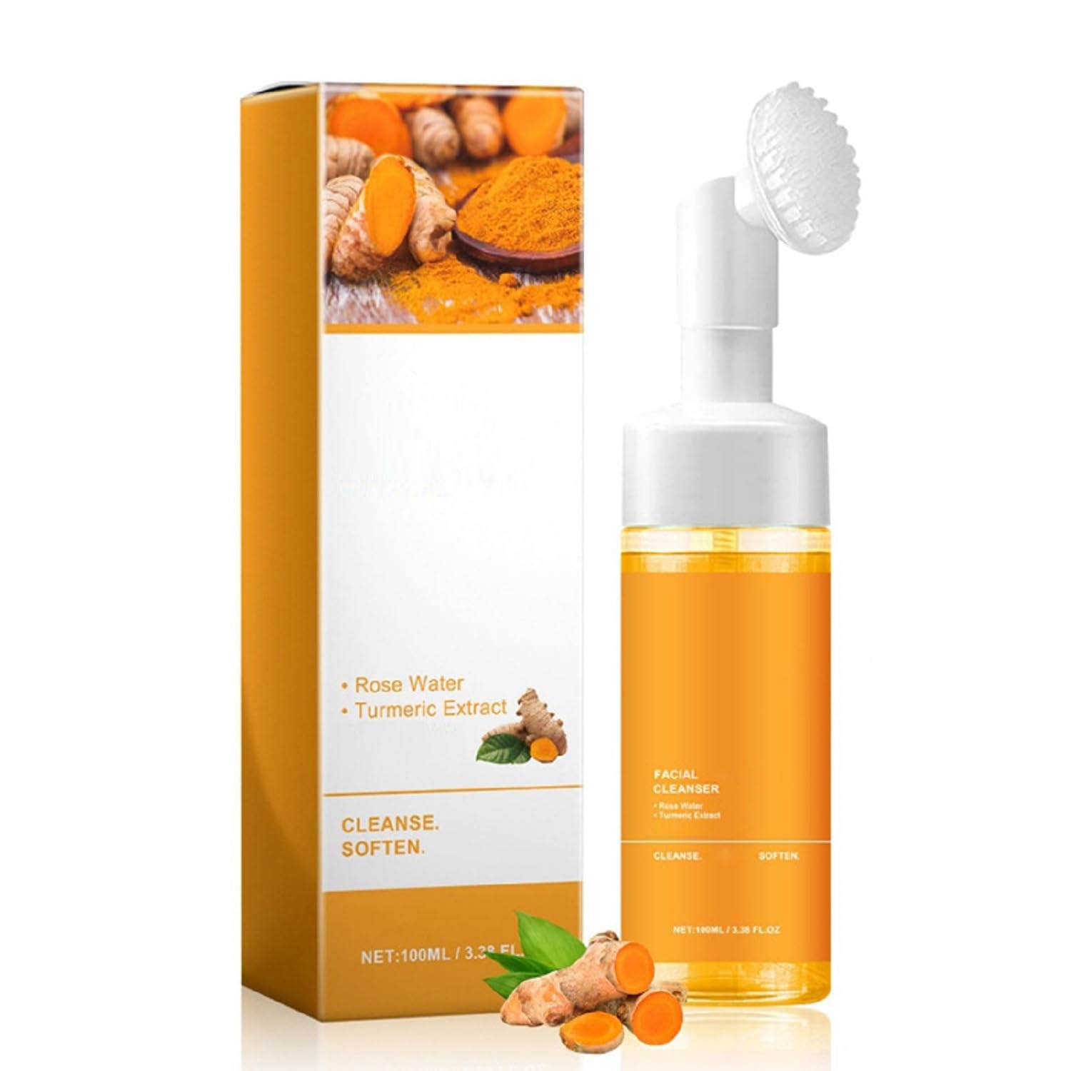 OUKPANE 2 Pcs Turmeric Foaming Face Wash, turmeric Cleansing Mousse, Deep Cleansing Glow Wash Turmeric Facial Cleanser With Brus