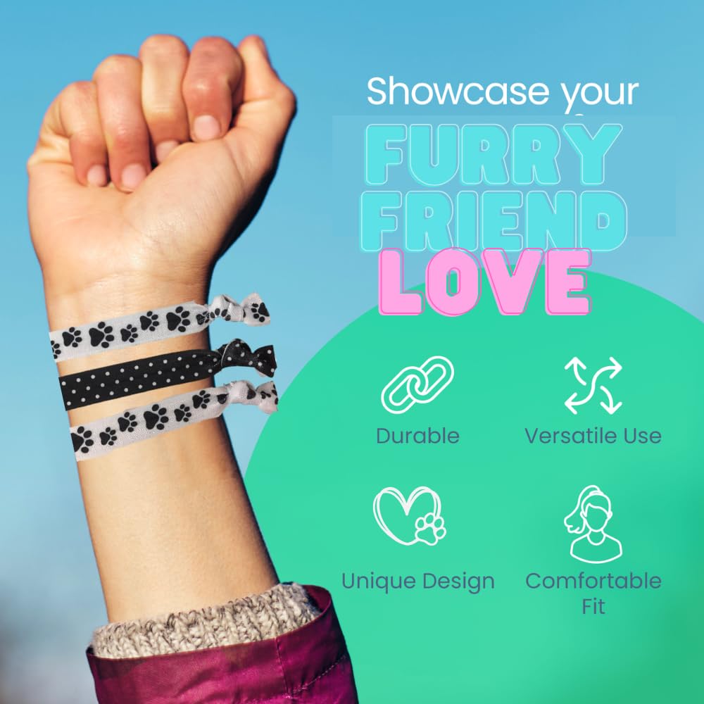 Sportybella Paw Print Hair Ties (Black/White)- Hair Accessories For Girls, Women, Teens & Kids. No Crease Elastic Hair Ties Set
