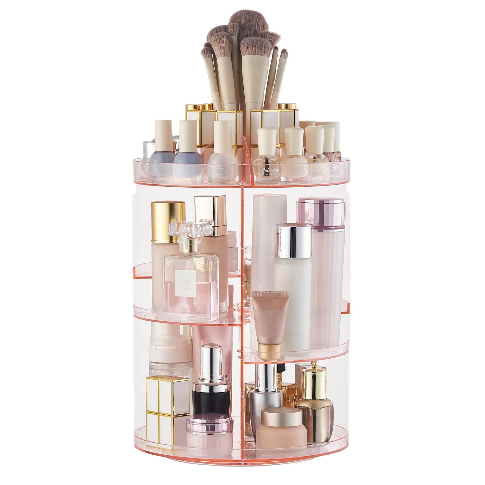 SUNFICON Rotating Makeup Holder Organizer Crystal Pink 360 Rotation Cosmetic Storage Holder Turntable Spin Display Stand Bathroo