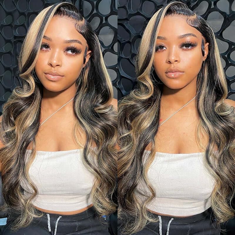 BestFun 220% Density 1B/27 Balayage Highlight Lace Front Wig Human Hair Pre Plucked 13x4 HD Lace Ombre Body Wave Wig Glusless Wi