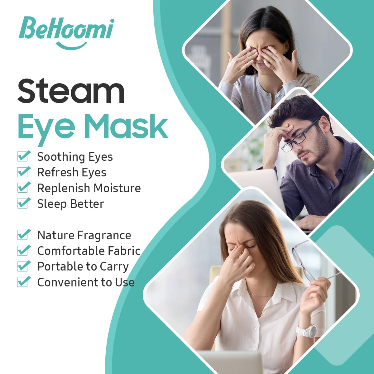 BeHoomi Heated Steam Eye Mask - 20 Packs, Unscented, Disposable Warm Compress for Relaxation & Travel Essentials