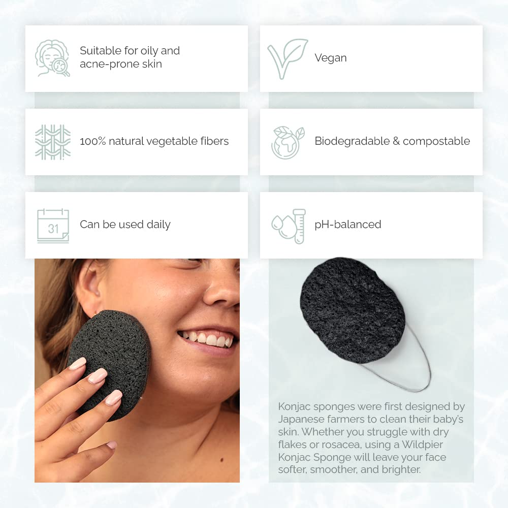 Wildpier Beauty Bamboo Charcoal Konjac Sponge, Natural Luxury Facial Exfoliator, Face Scrubber, Makeup Remover, Plant Based Gent
