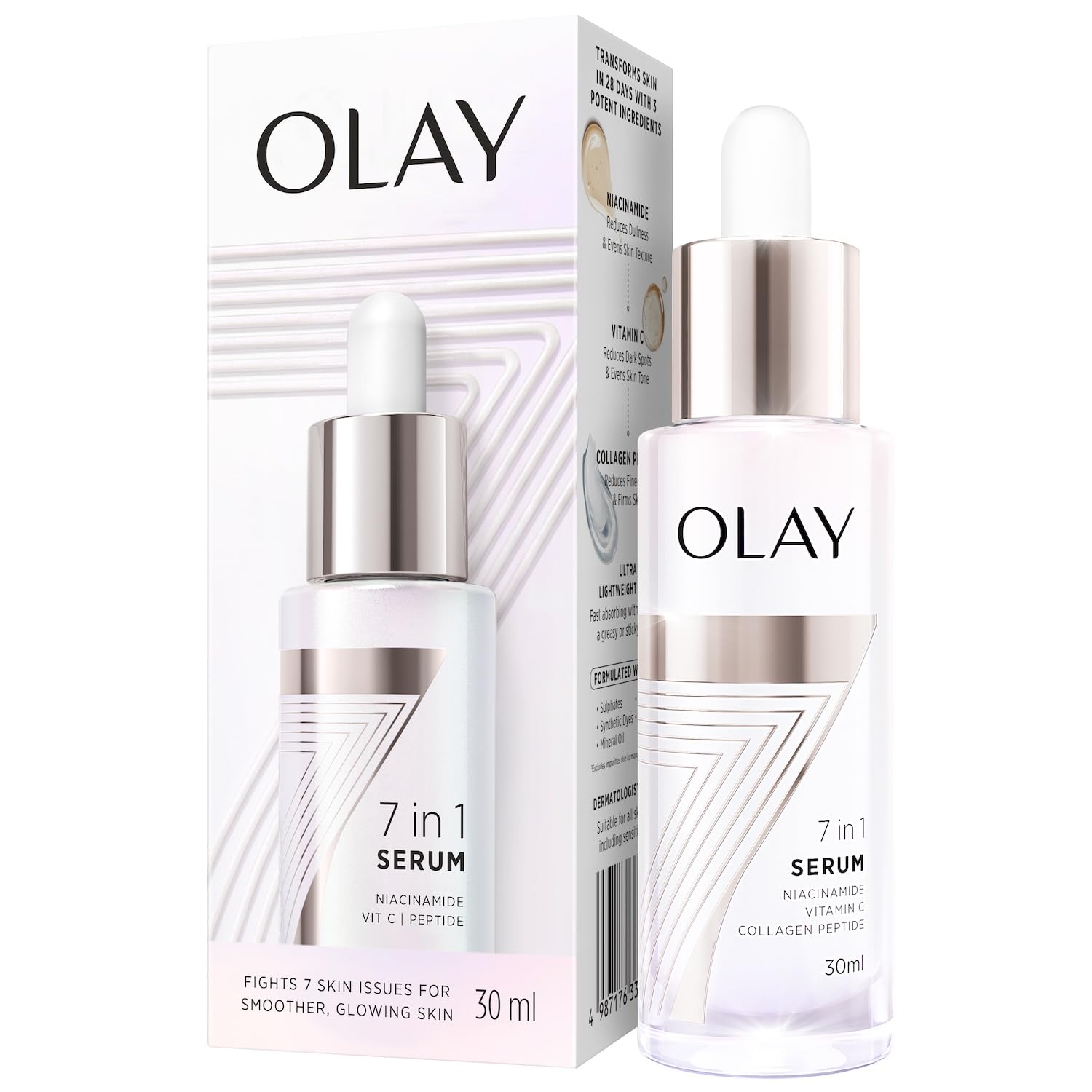 Olay 7In1 UltraLight Face Serum | Niacinamide, Vitamin C, Collagen Peptides | Fights 7 Issues For Smooth & Glowing Skin | Norma
