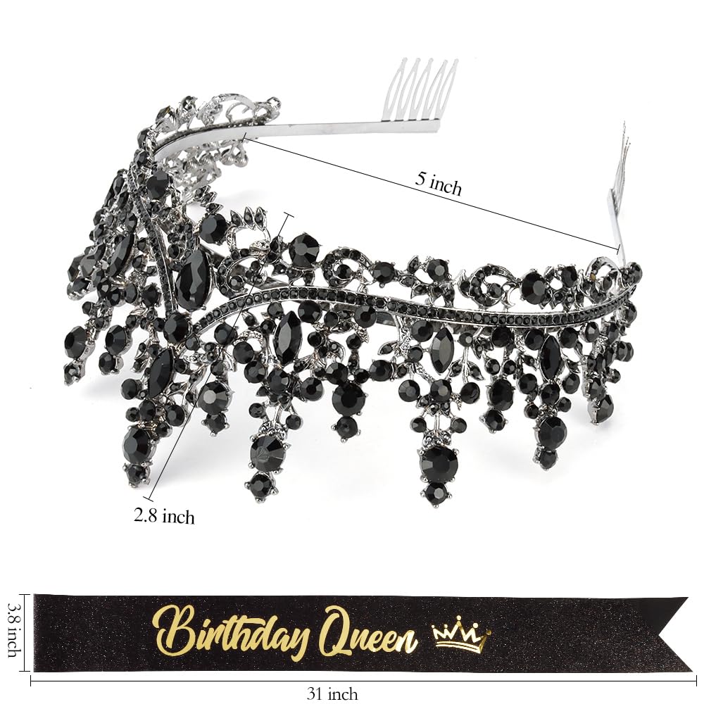 ATODEN Black Tiara Crown Birthday Queen Sash Tiaras and Crowns for Women Girls Crystal Princess Tiara Rhinestone Headbands Quinc