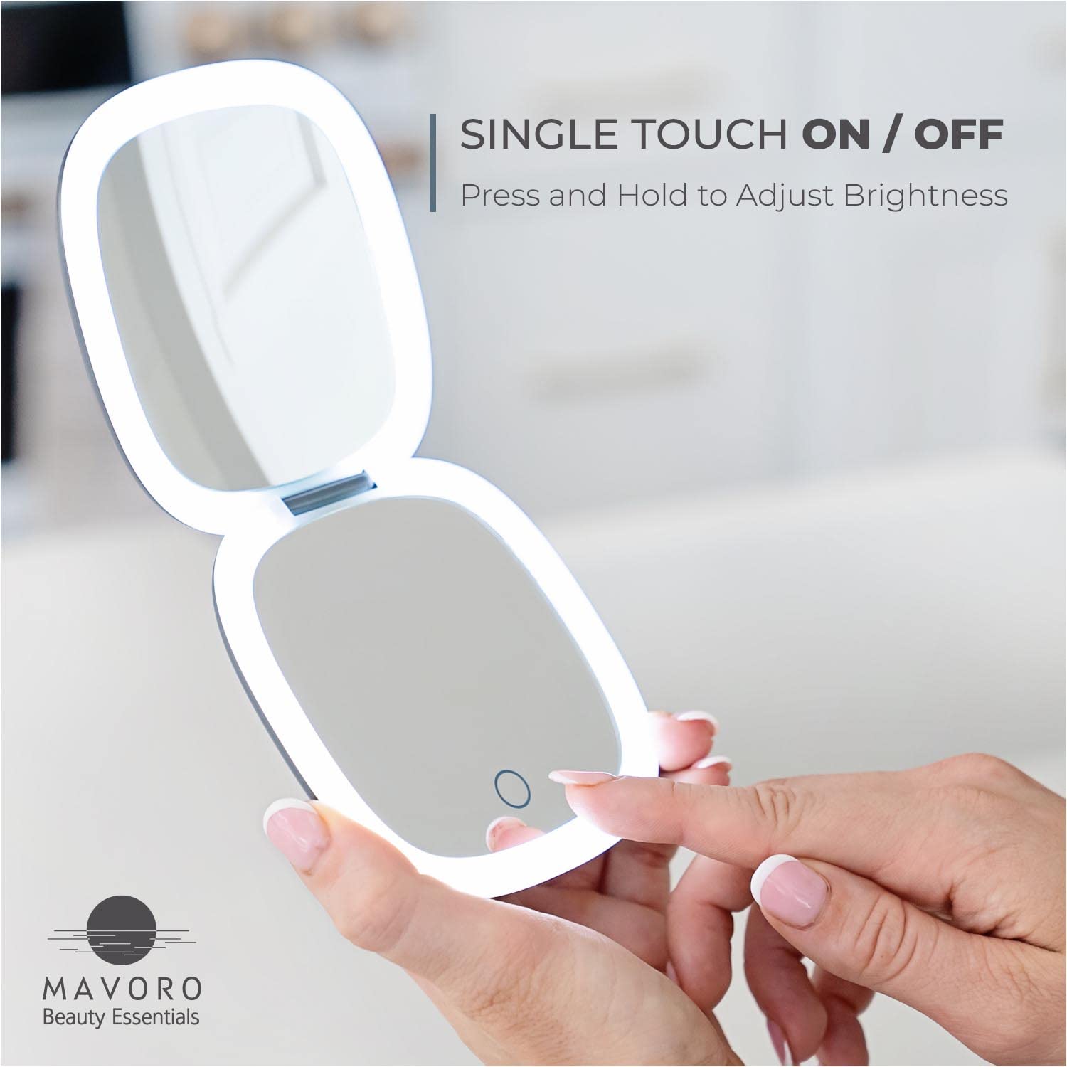 Mavoro LED Travel Makeup Mirror, Rechargeable 1x/10x, Pocket & Purse Compact, Touch Sensor, USB, Graphite Grey