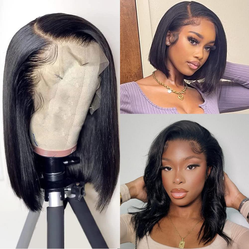 Karlami 13X4 Bob Wig Human Hair 16 Inch Straight Black Bob Wig 150% Density Bob Frontal Wigs Human Hair With Baby Hair Pre Pluck