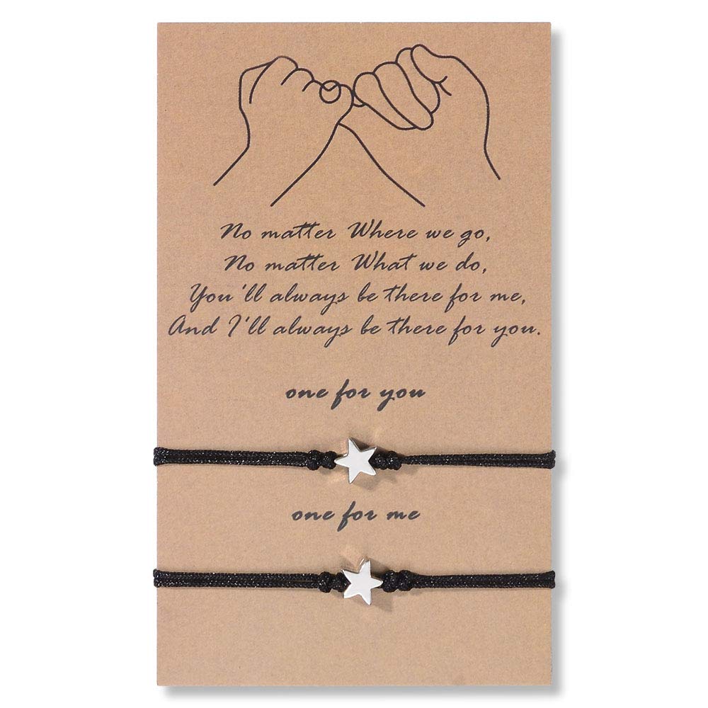 Sunsh 2Pcs Pinky Promise Star Bracelets For Women Couple Mother And Daughter With Wish Card Adjustable Distance Matching String 