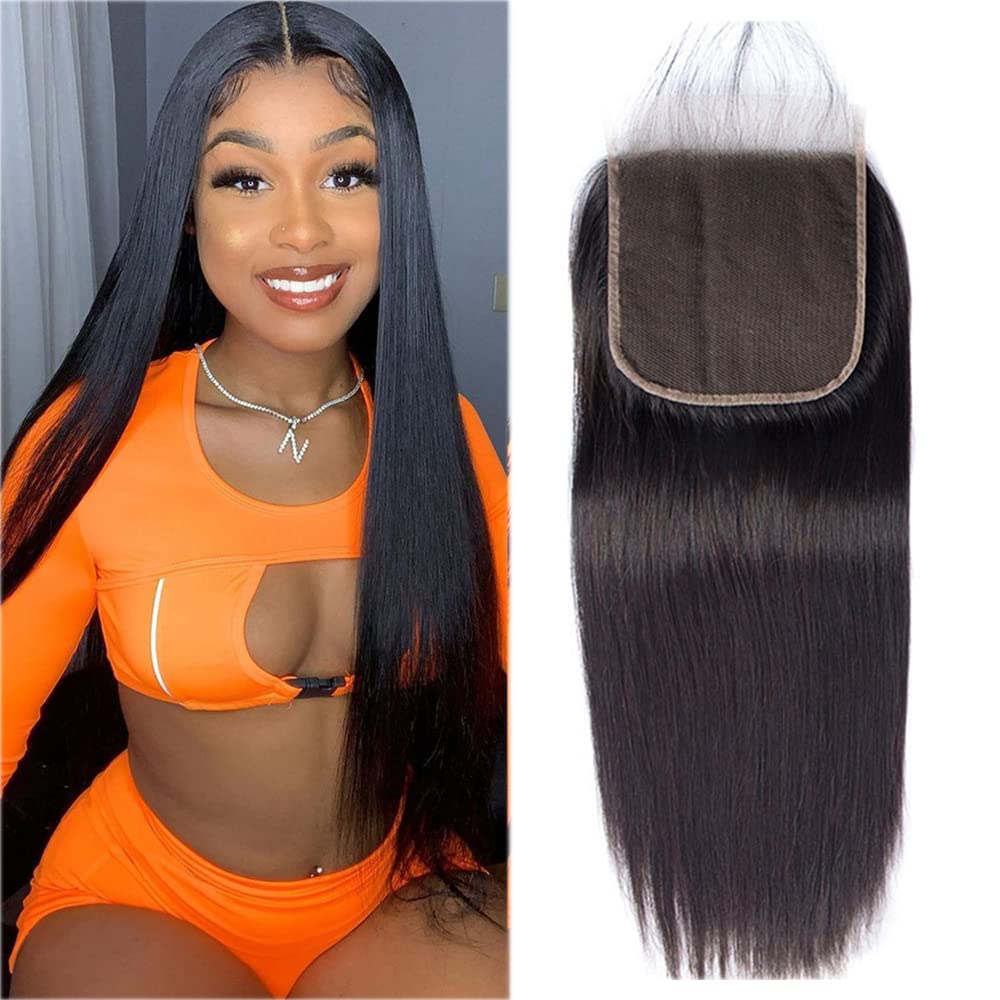 Isufer Straight Closure 4X4 Lace Closure Human Hair Pre Plucked 14 Inch With Baby Hair Bleached Knots Grade 12A Real Human Hair 