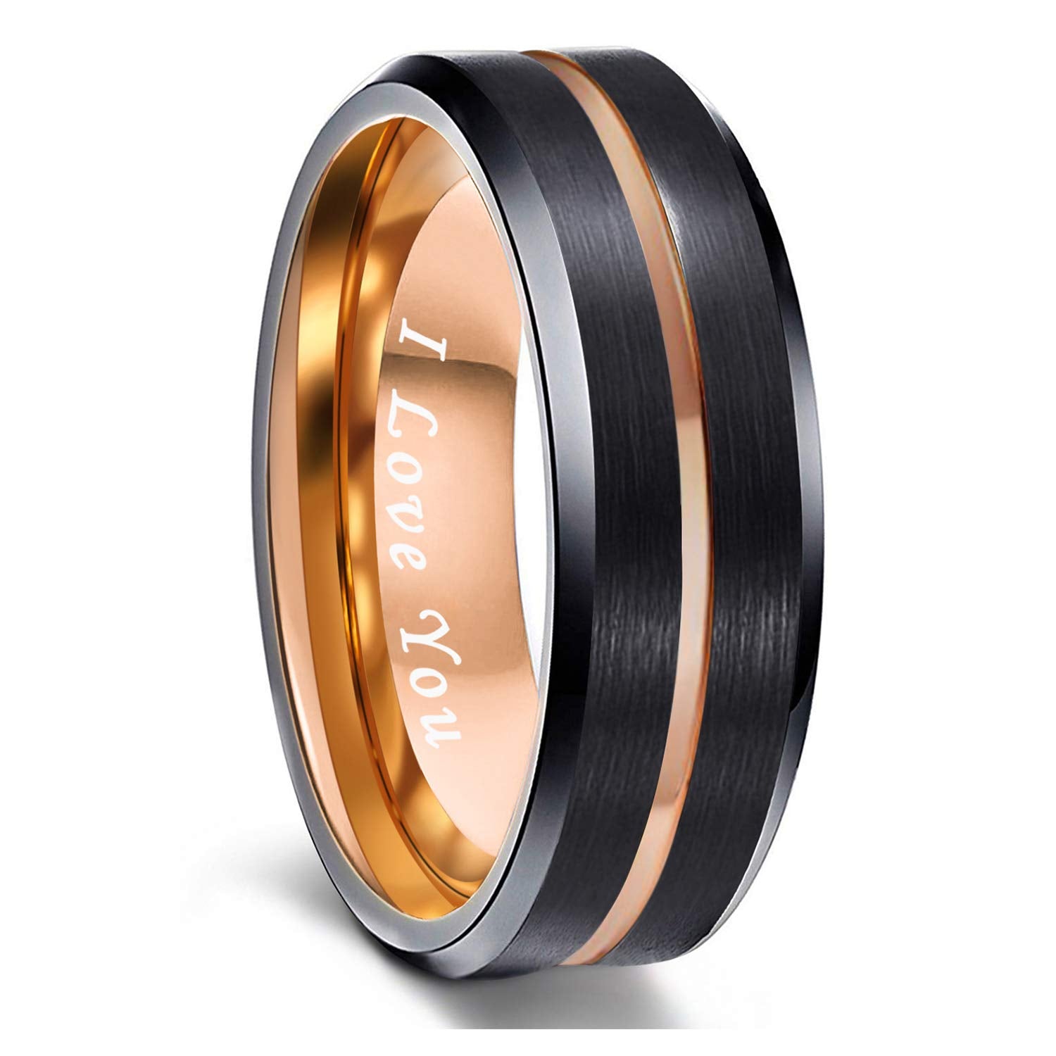 Greenpod 8mm Tungsten Carbide Ring for Men Black Matte Finish Rose Gold Thin Groove Engraved I Love You Comfort Fit Size 13