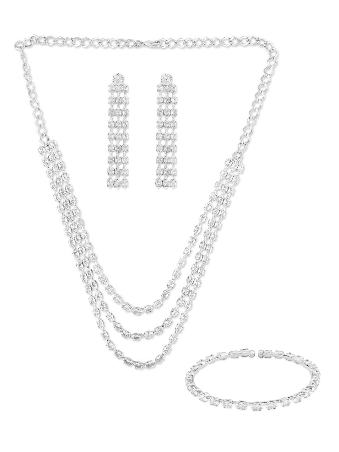 Zaveri Pearls Silver Tone Marquise Cubic Zirconia Layered Necklace Earring & Bracelet Set For WomenZpfk12586