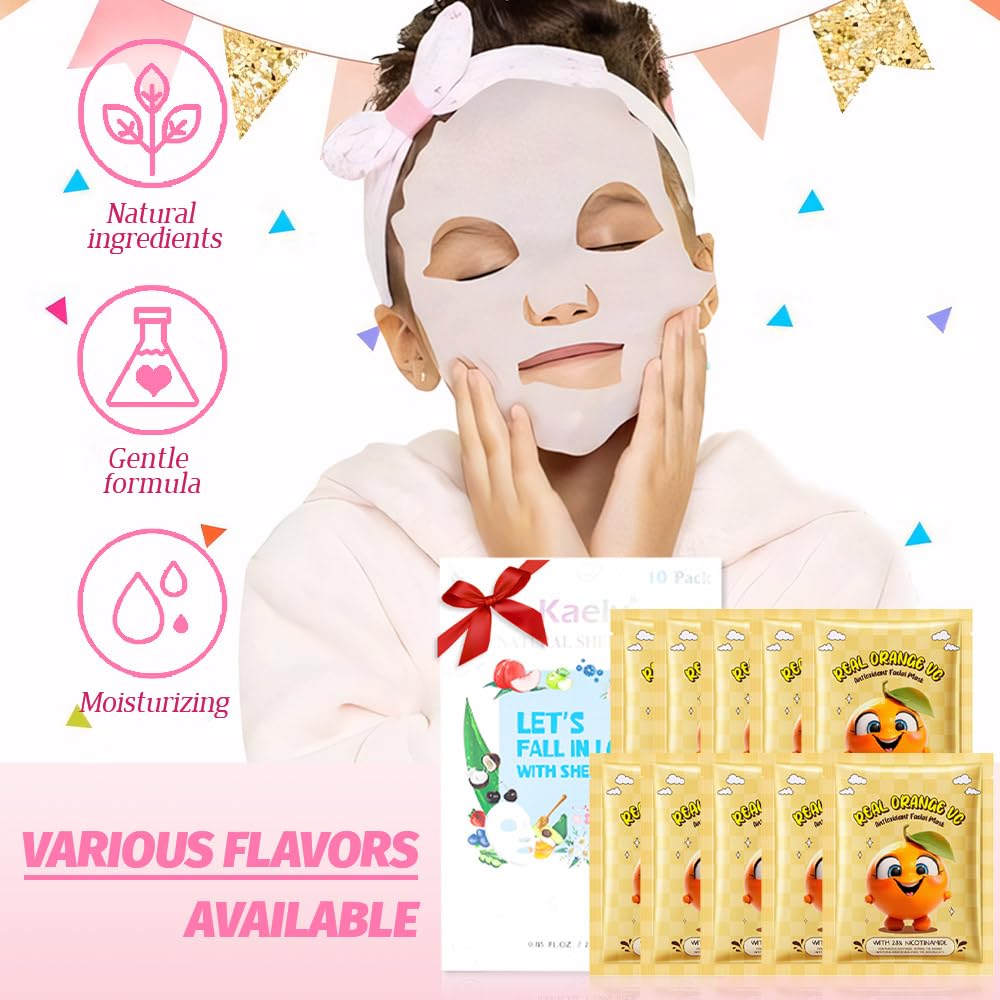 Kaely 10 Pack Vitamin C Face Masks For Kids, Spa Party Facial Mask Skincare Set, Sheet Masks Skin Care, Moisturize Brighten Soot