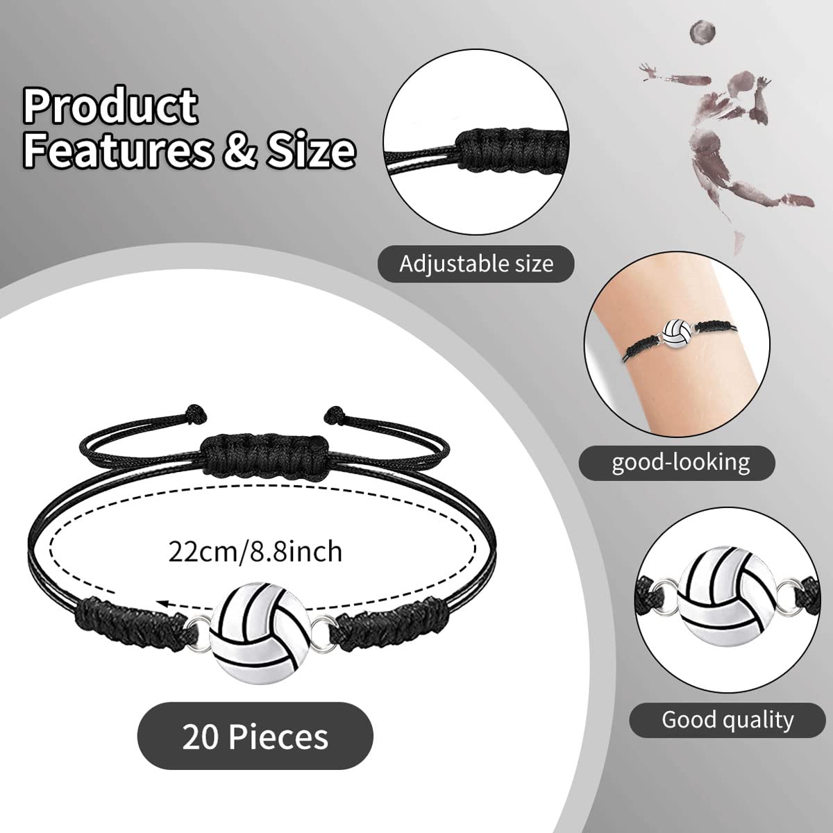 20 Pcs Volleyball Bracelet Sports Charm Bracelet Adjustable Volleyball Charm Bracelet Volleyball Jewelry Braided Rope Bracelet w