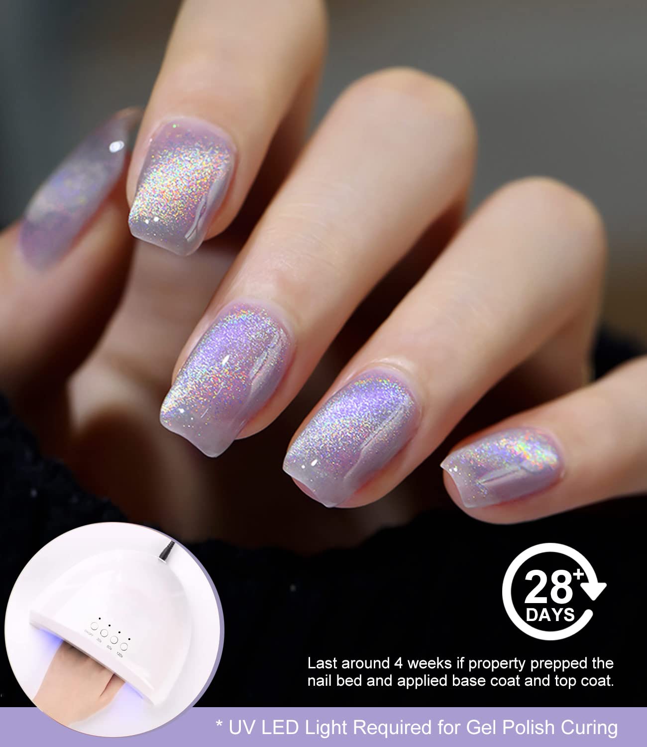 Gel Nail Polish 15Ml/0.5Fl Oz Holographic Purple 9D Cat Eye Shiny Glitter Soak Off Nail Polish With Magnetic Stick For Nail Salo