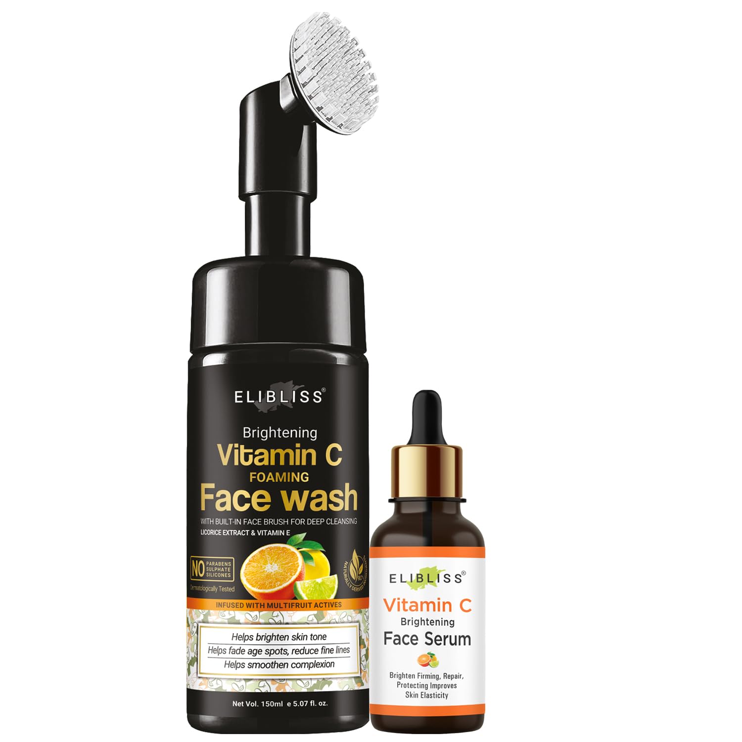 Elibliss Vitamin C Foaming Face Wash With BuiltIn Face Brush & Vitamin C Face Serum Combo, Enriched With Licorice Extract, Vita